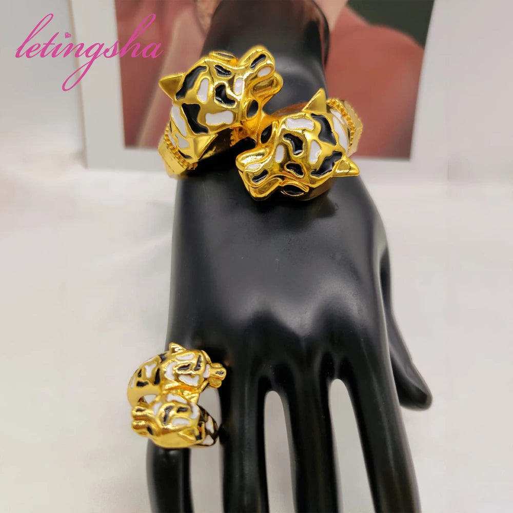 New Bangles Ring Set Leopard Design African 18k Gold Plated Bracelet Jewelry Set Dubai Bangle Daily Wear Party Gift
