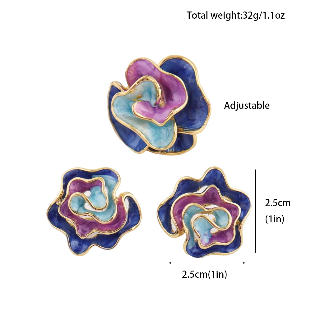 Women Rainbow Color Earrings Ring Nigeria Africa Fashion Earrings Jewelry Gold Plated Ring Wedding Party Daily Wear Accessories