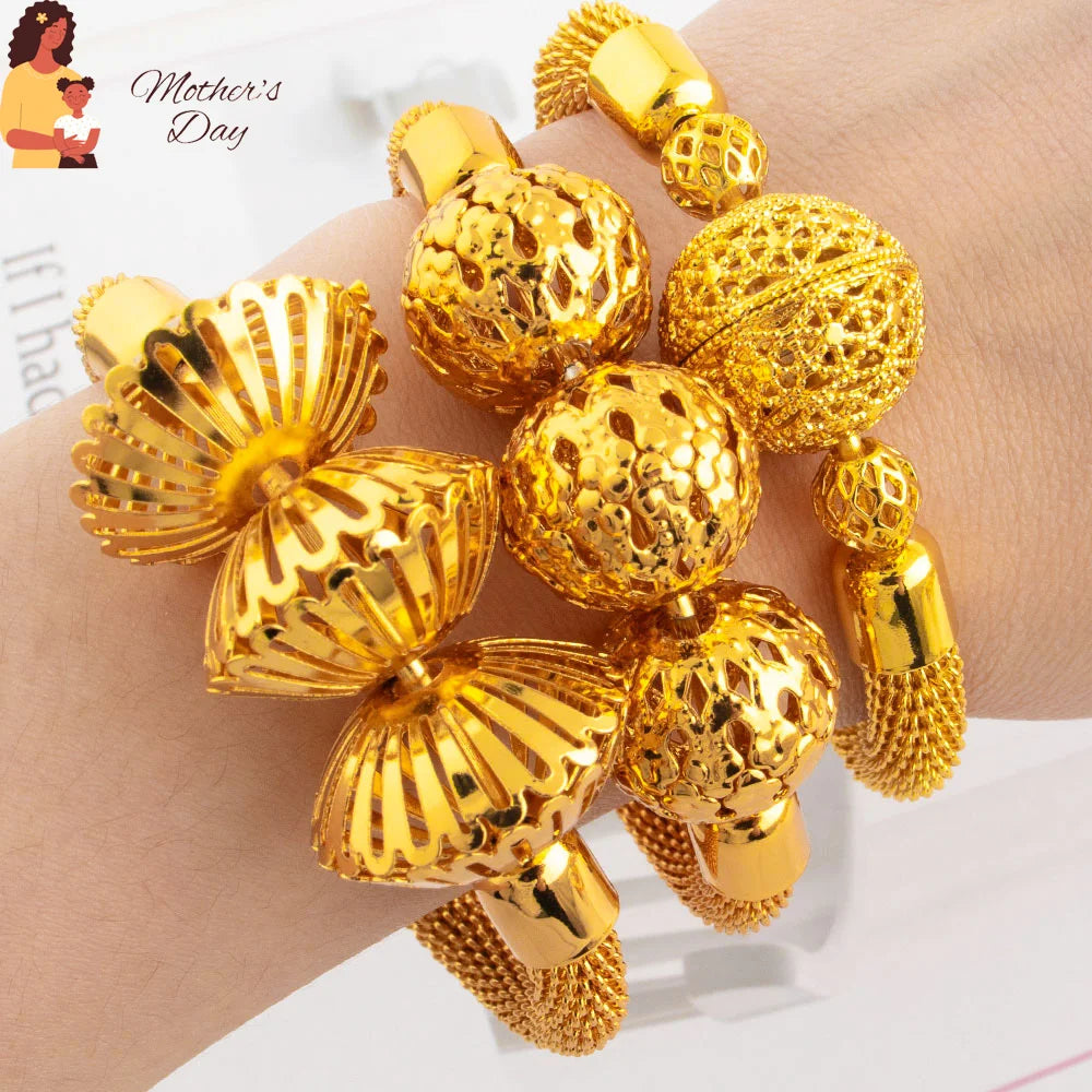 Women Charm Adjustable Bracelet Dubai Round Bead Bangle African Hollow Out Bangle Jewelry Gift For Party Mother's Day Wedding