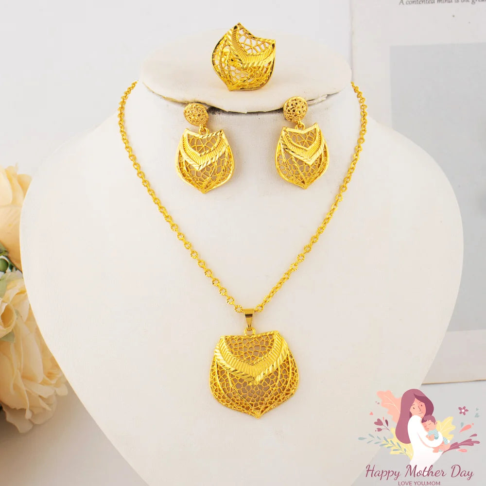 Nigerian Crown Shape Jewelery Set For Women Dubai Gold Color Earrings Bridal Ring African Necklace Gift For Mother's Day Wedding