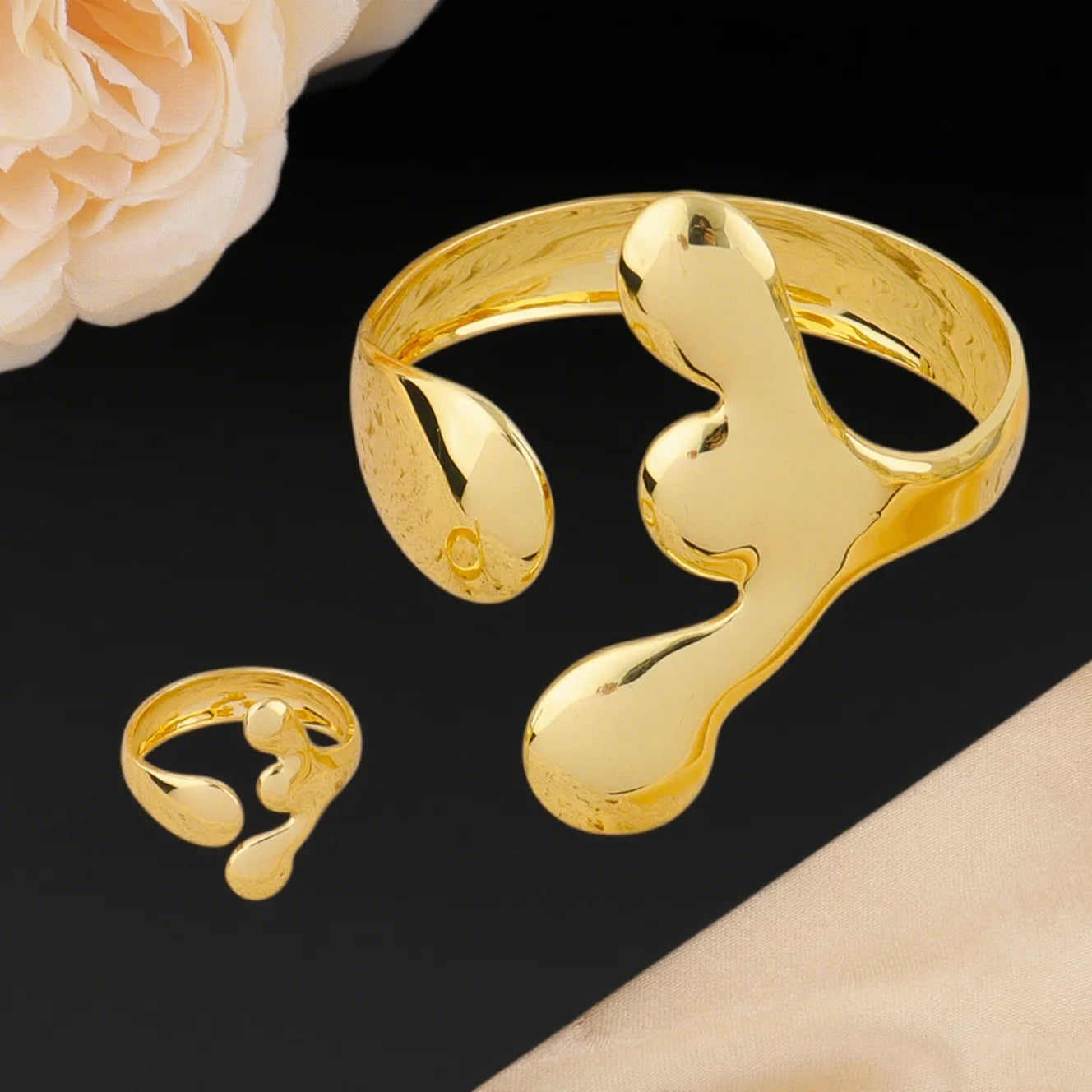 Saudi Arabia African 22K Gold Color Irregular Jewelry Set for Women Cuff Bangle Ring Dubai Bride Nigerian Wedding Accessories