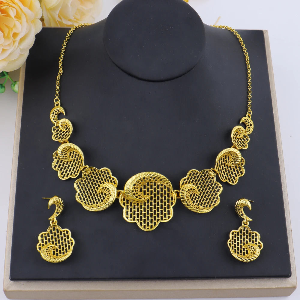 Luxury Charm  Necklace Earrings  Jewelry Set  With Hollow for Women Dubai Fashion  for 24k Gold Plated Jewelry Set Party Gifts
