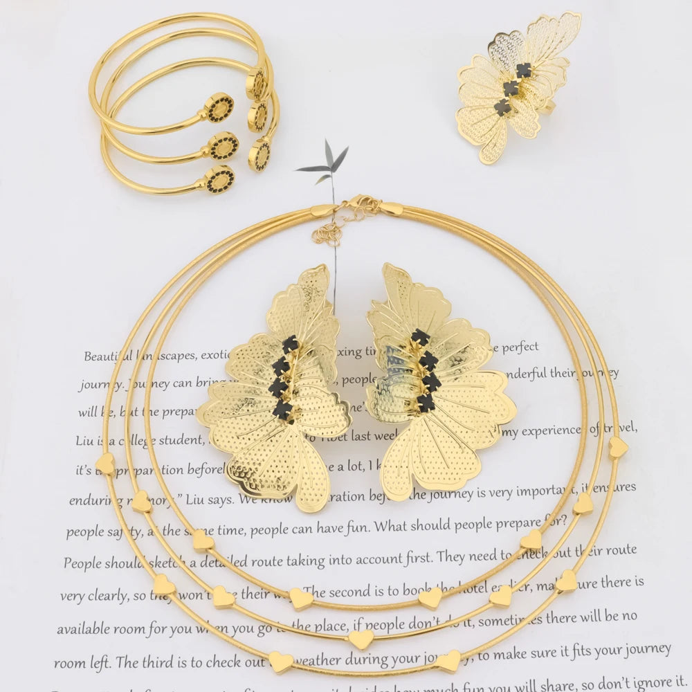 2025 Women Gilding 4Pcs Jewelry Sets Butterfly Shape Earrings Necklace Ring and Bangle Set Gift For Party African Wedding