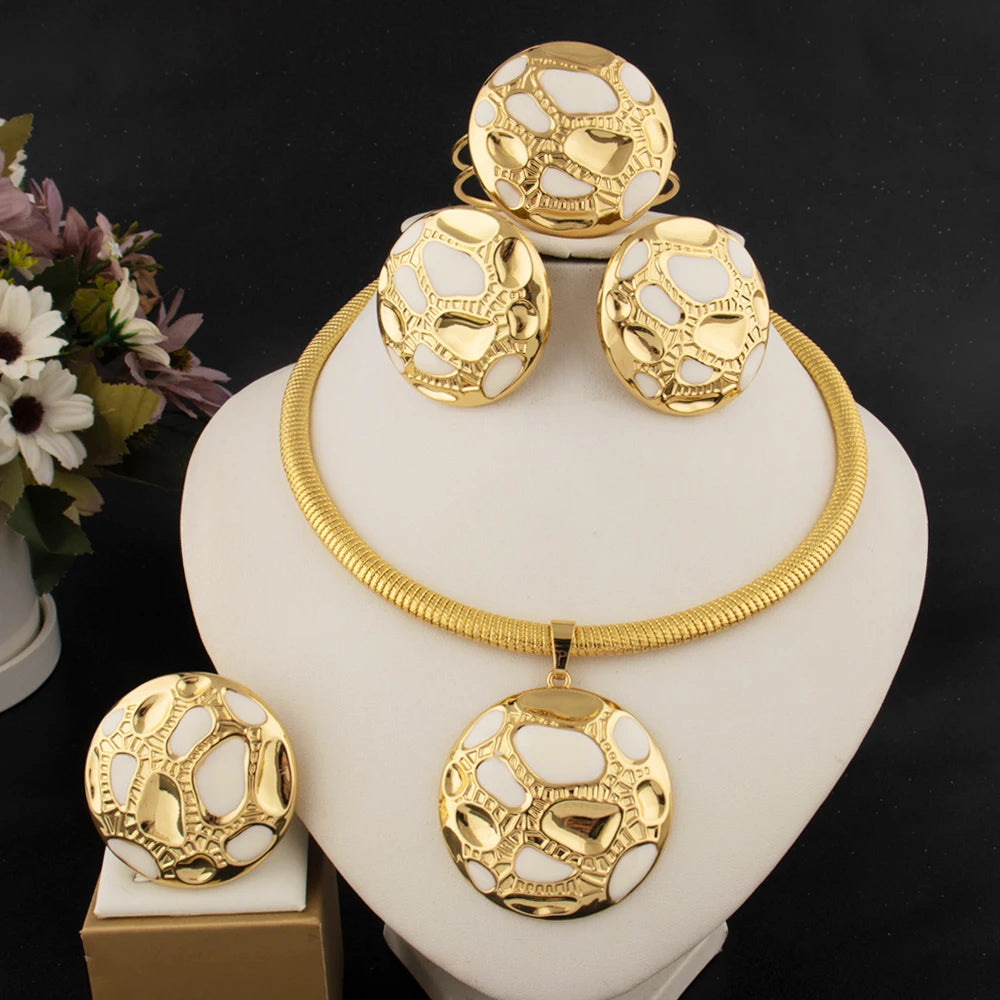 Luxury Design Female Jewelry Set Gold Color Earrings Necklace Big Circle Bangle Ring for Women Dubai America Party Jewelry
