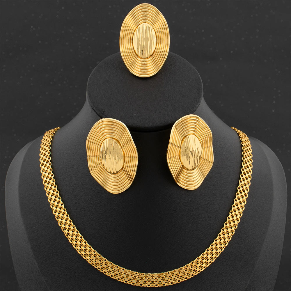 Newest Dubai Women Necklaces Earrings Ring African Gold Color Jewelry Sets Luxury 18K Gold Plated Wedding Party Accessories