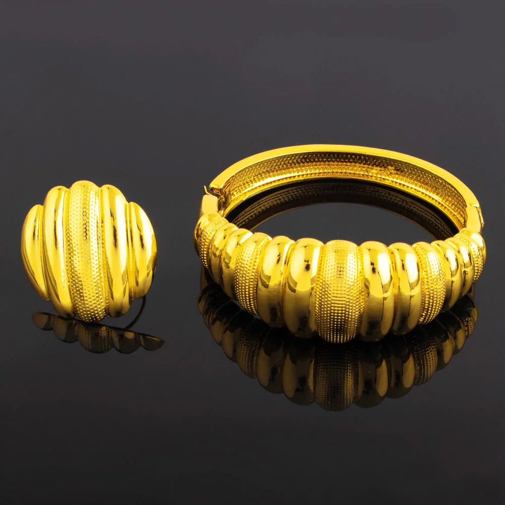 Luxury Exquisite Gold Color Openning Bangles Bracelet Ring Set for Women Cuff Bracelet Gold Color Stainless Steel Ornament Gift