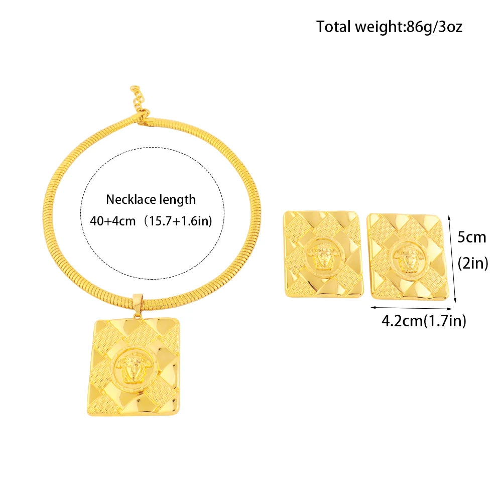 ElegantGold Plated Necklace Earrings Large Size Square Design 24K Gold Plated for Women Jewelry for Party Wedding  Gifts