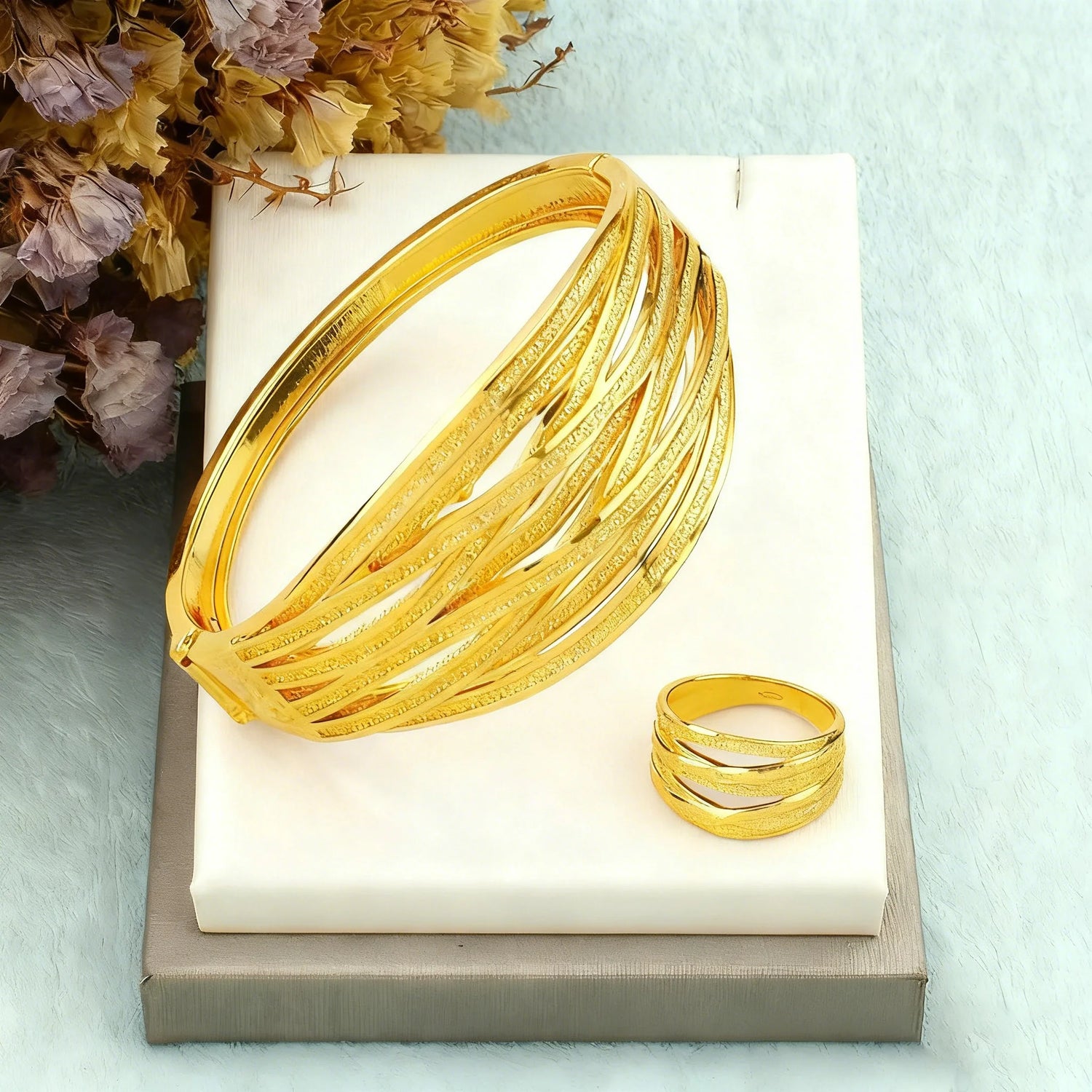 Saudi Arabia African 18K Gold Irregular Fashion Jewelry Set Women Bracelet Ring Dubai Bride Nigeria Wedding Party Accessories