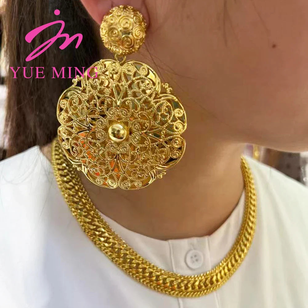 Big Size Drop Earrings and Necklace 18k Gold Color Dubai Flower Shaped Fashion Jewelry Sets For Beautiful Women Necklace Earring - YUEMING JEWELRY