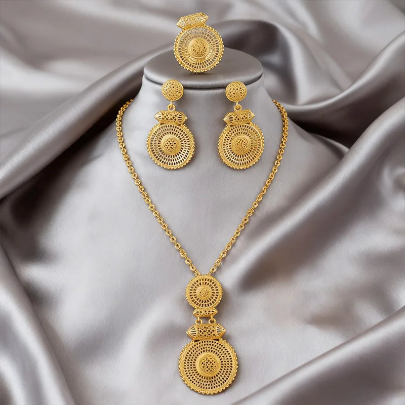 Luxury Arabic Gold Wedding Jewelry Set Gold Plated Dubai Bridal Necklace Earrings Ring Nigeria Women Vintage Jewelrys Gift