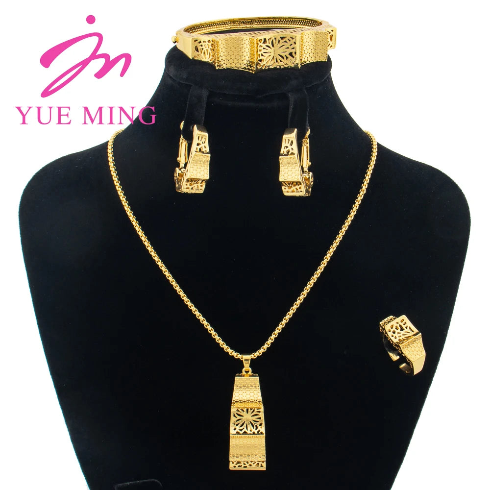 YM Jewelry Sets for Women Hollow Flower Pendant Temperament Necklace Stud Earrings Charm Bangle Ring Fashion Jewelry Accessories