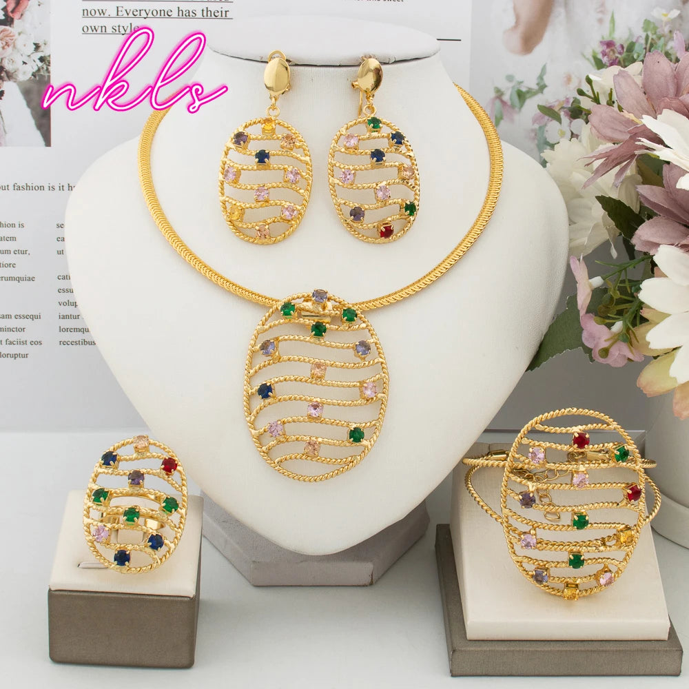 18k Gold Plated Jewelry Set for Women Brazilian New Design Necklace Earrings Bangle Ring Set Italian Dubai Wedding Party Jewelry
