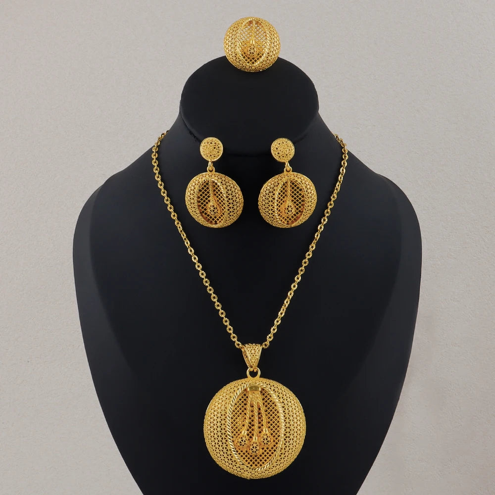 Jewelry Dubai Set Fashion Necklace Rings 24k gold Drop Earring African Ring Jewelry Earring Necklace Arab Luxury Jewelry Sets