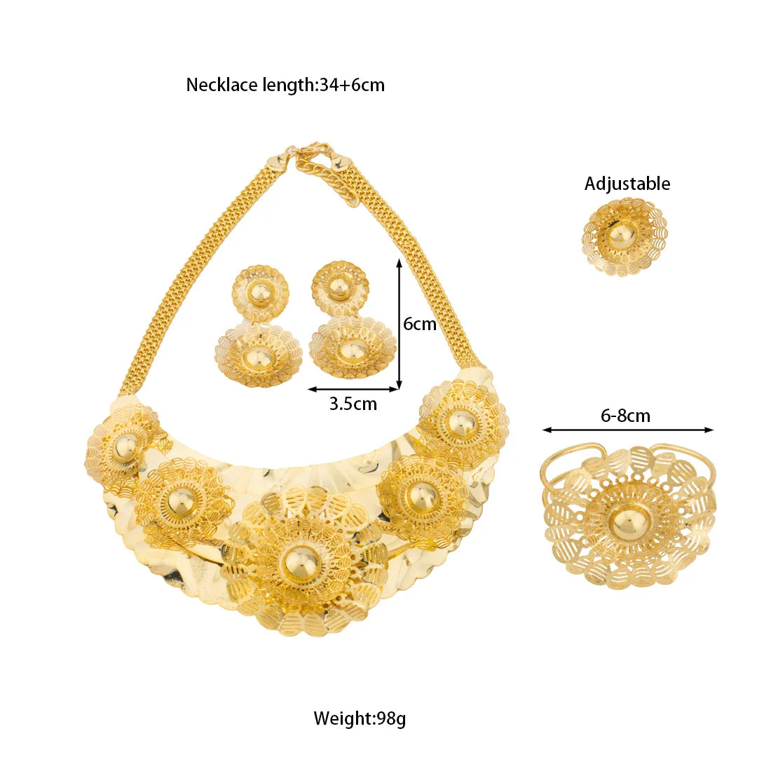 2025 Luxury Women's 4Pcs Jewellery Set Gold Color Flowers Shape Earrings Bracelets Necklace and Ring For Party Women's Day