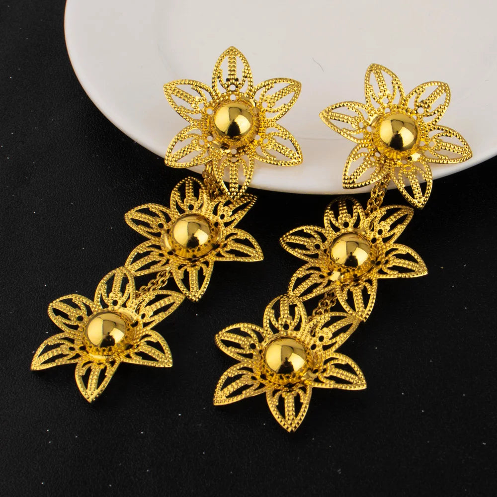 France Luxury 24k Gold Color Jewelry Set Big Necklace Earrings Bangle Ring Set For Women Bridal Choker Party Gifts Wholesale
