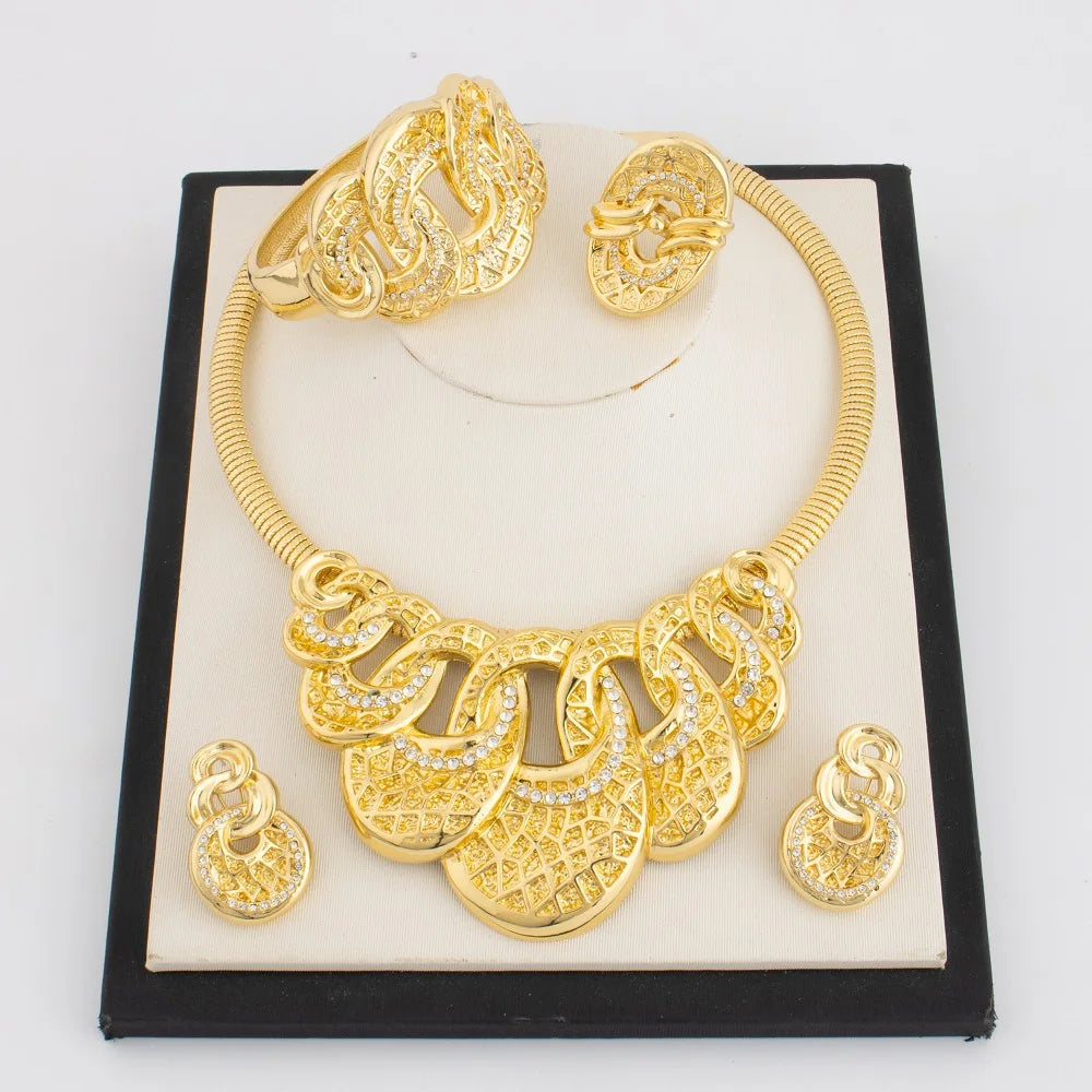 Gold Color Luxury Noble Women Jewelry Set With Necklace Bracelet Ring Earrings Trendy Design Jewelry Gift For Party Wedding