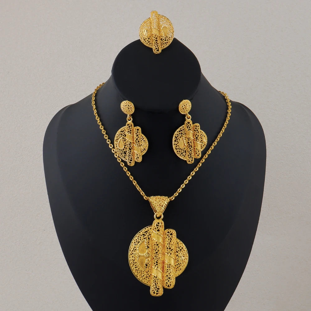 Fashion Dubai 24k gold Noble Pendant Necklace Women Wedding Pendant Chain Earrings 2 Piece Set Jewelry Party Christmas Gift