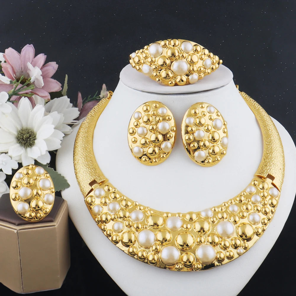 Gold Color Necklace Bracelet Ring Earrings Set for Women Gold Plated Hiphop Punk Bright Jewelry for Party Wedding