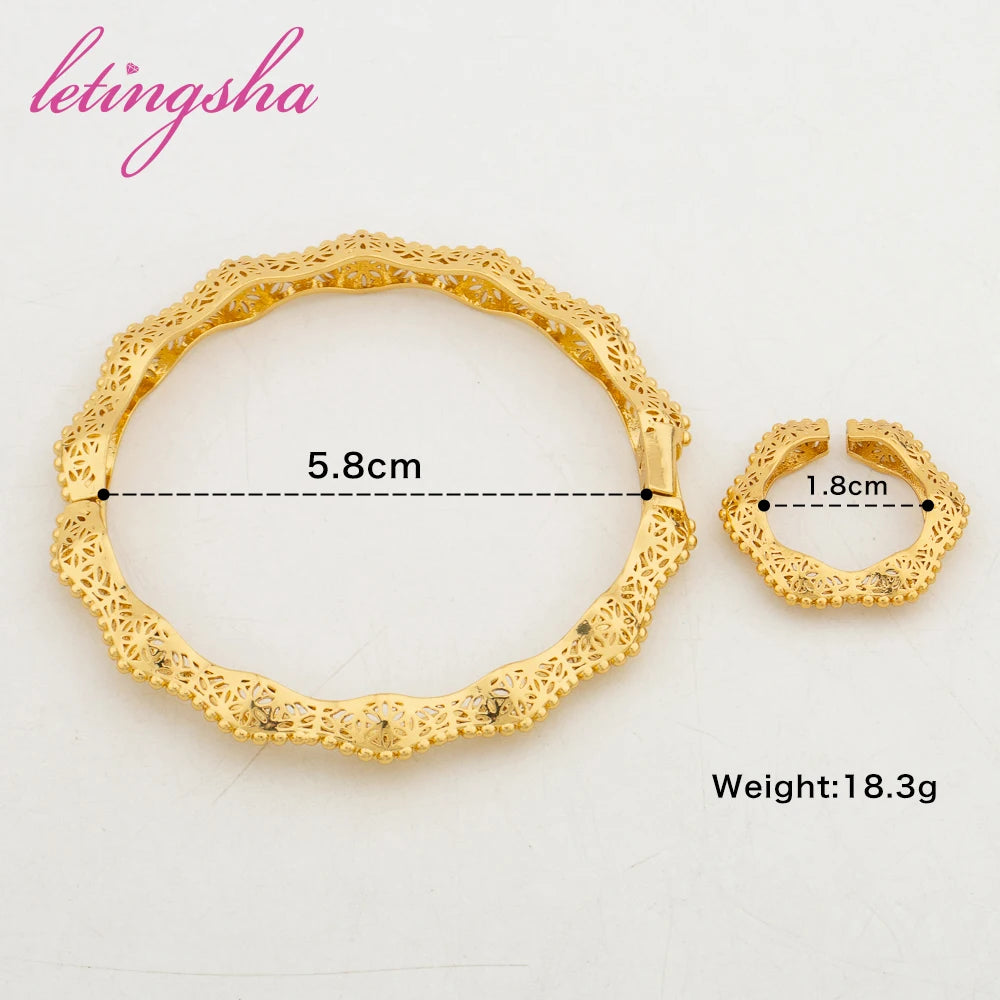 Luxury Charm Bracelet with Ring for Women Gold Color Stainless Bangle Ring Dubai Arabic Cuff Bracelet Wedding Bride Jewelry