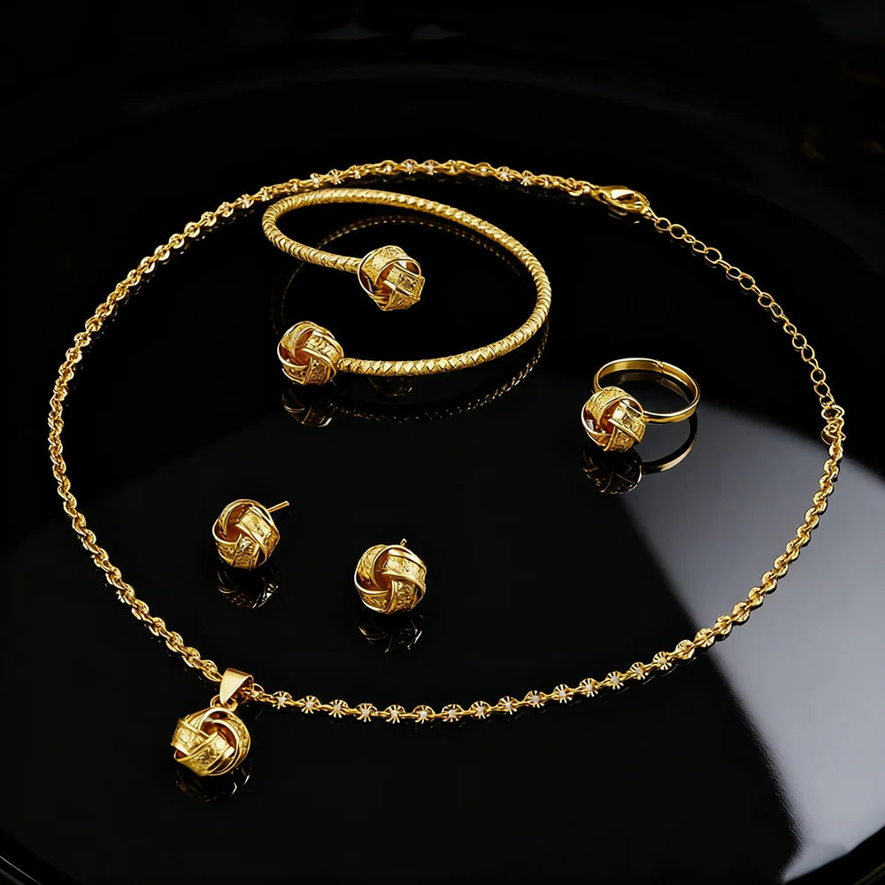 Gold Color Alloy Metal Twist Lucky Knot Earrings Necklace Bracelet Ring Set for Girls Trendy Geometric Vintage Jewelry