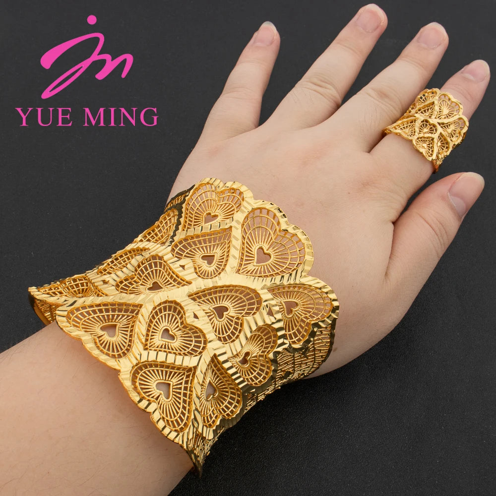 France Luxury Cuff Bangle with Ring For Women Dubai Gold Color Big Flower Bracelet Adjustable Ring Jewelry African Wedding Gifts
