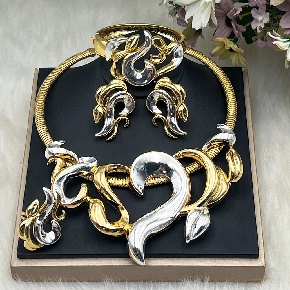 Luxury Jewelry Sets For Women Gold Color Earrings Choker Necklace Flame Bangle Ring For Wedding Set America Party Accessories
