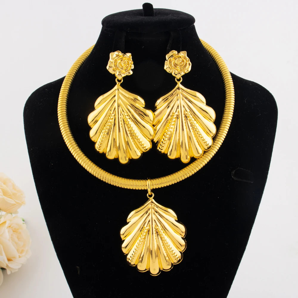 Italy Gold Plated Women Jewelry Set Classic Shell Shape Design Necklace Earring 2PCS Set Jewelry Gift for Wedding Party