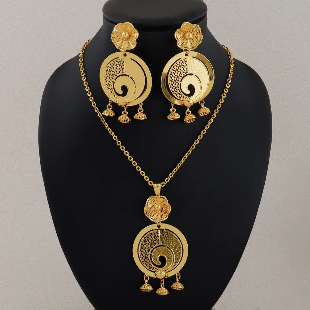 Gold Plated African Tribal Jewelry Set Arabic Style Necklace Earrings Suite for Women Bold Ethnic Gift Party Daily Jewelry