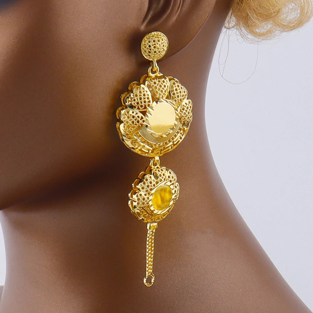 Dubai African 18K Gold Plated Luxury Necklace Earrings Set for Women Bride Romantic Gold Color Jewelry Gift for Party Wedding
