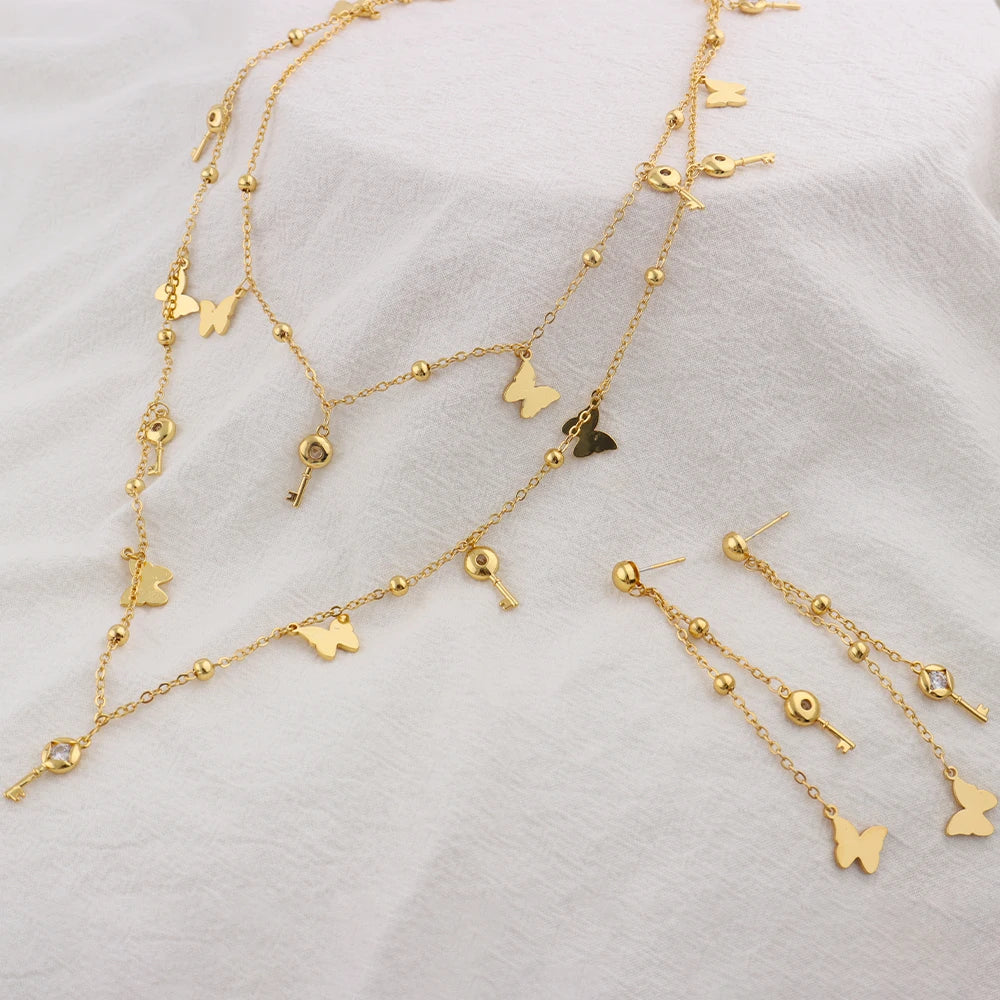 Gold Plated Necklace Zircon Shine Earrings Jewelry Set for Women Girl Bride Elegant Jewelry Gift for Christmas Party Wedding