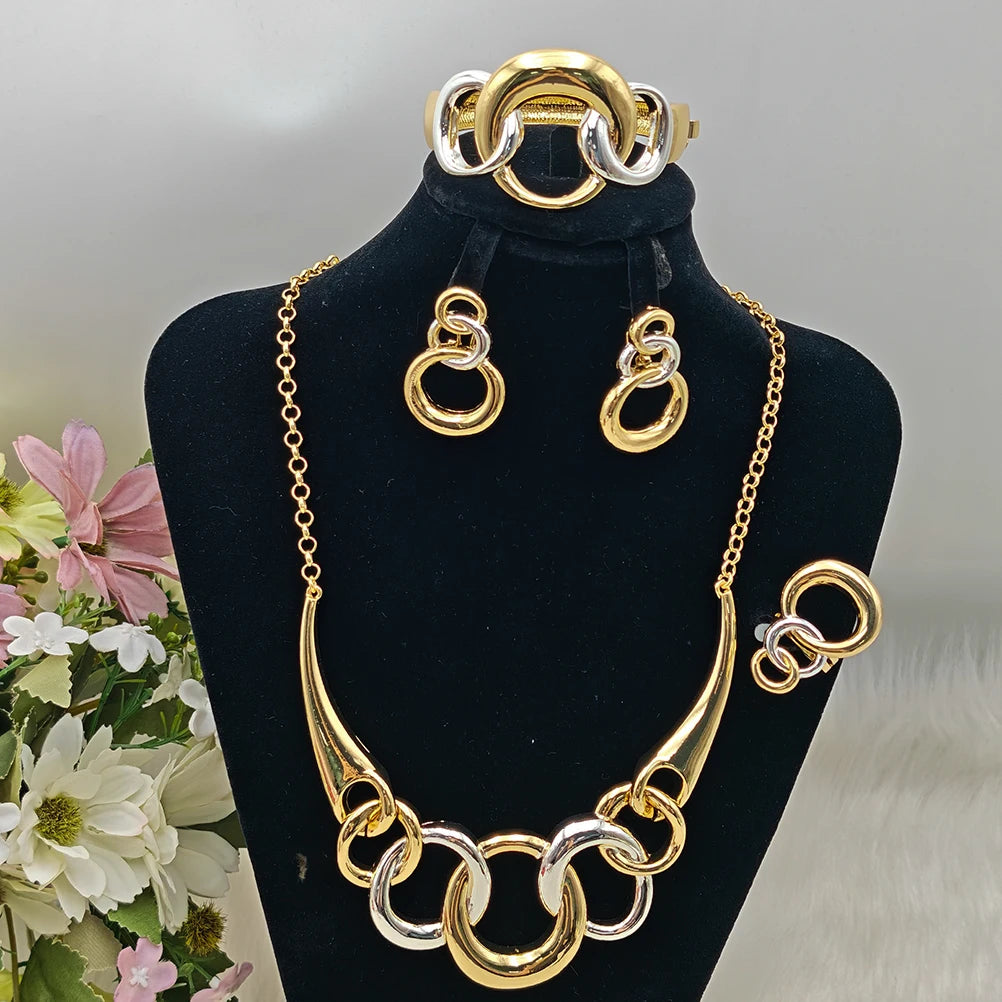 Gold Plated Simple Jewelry Set For Women Unique Circle Design Earring Necklace Bracelet Ring  Vintage Accessories For Party