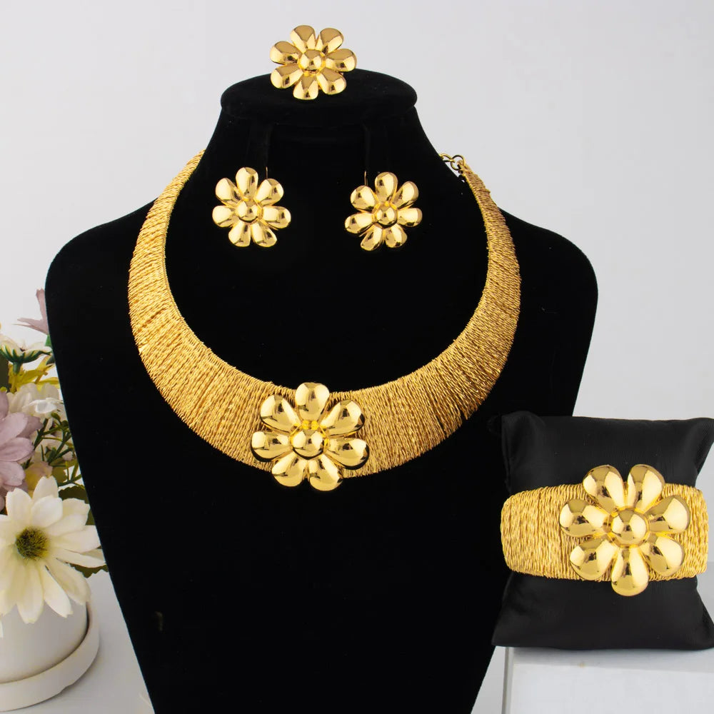 2025 Luxury Gold Color Women Jewelry Set Fashion Noble Flower Design Necklace Bangle Ring Earrings  Gift For Party Easter