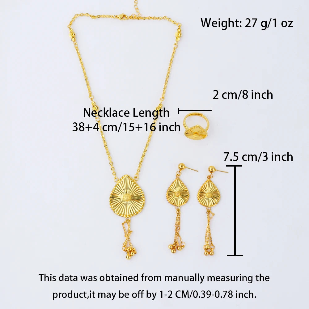 Fashion Gold Color Pendant Necklace Earrings Ring Set Arabic Tassel Jewelry Set Dubai Women Trendy Wedding Party Jewelry Gifts
