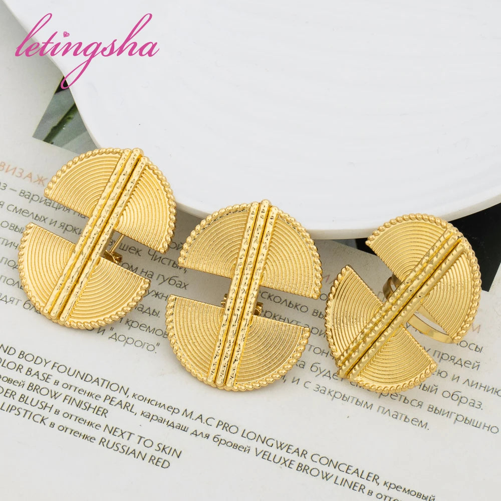 Dubai Gold Color Luxury Earrings and Rings Set African Ethiopian Jewelry Set for Women Fashion Wedding Jewelry Bride Party Gifts