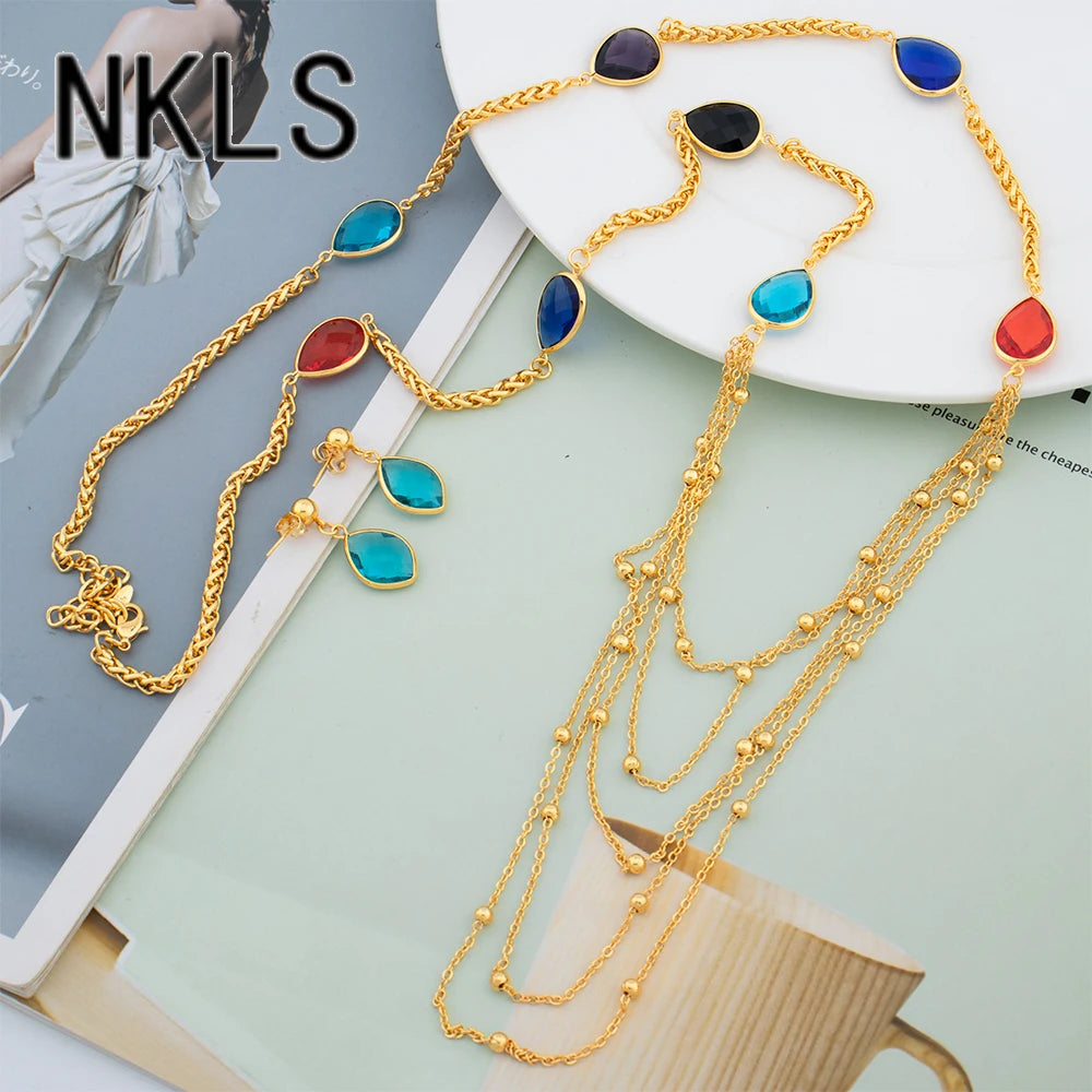 Fashion Crystal Zircon Long Chain Necklace Set Dubai Drop Earrings Elegance Women's Jewelry Luxury Golden Jewellery Party Gift