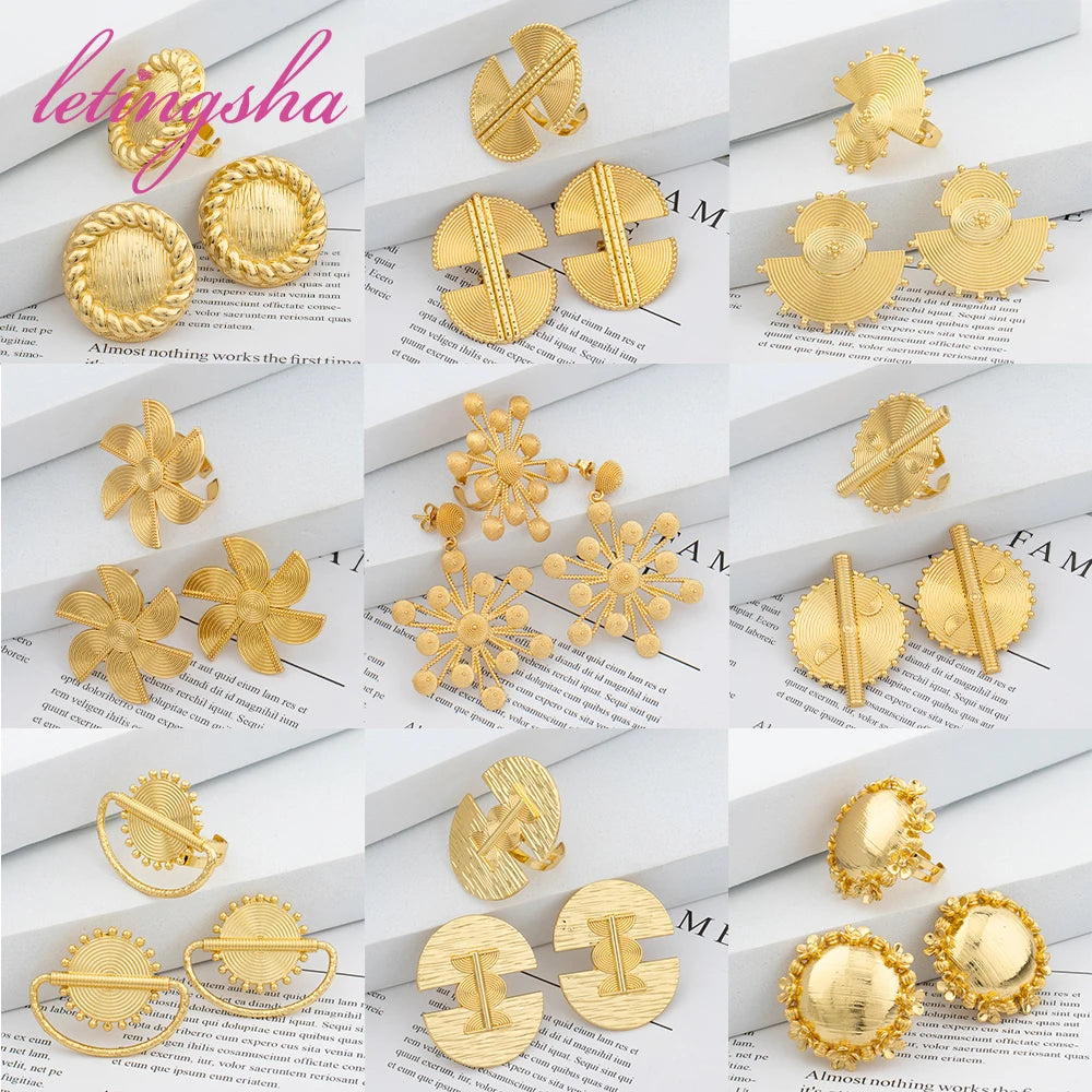 French Fashion New Collecation Jewelry African Gold Color Earrings Rings Sets Dubai Classic Women's Necklace Earrings Set Party