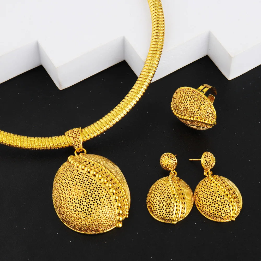Luxury Shining Gold Color Necklace Earrings Ring Set for Women Round Water Drop Shape Jewelry Gift Party Wedding Banquet