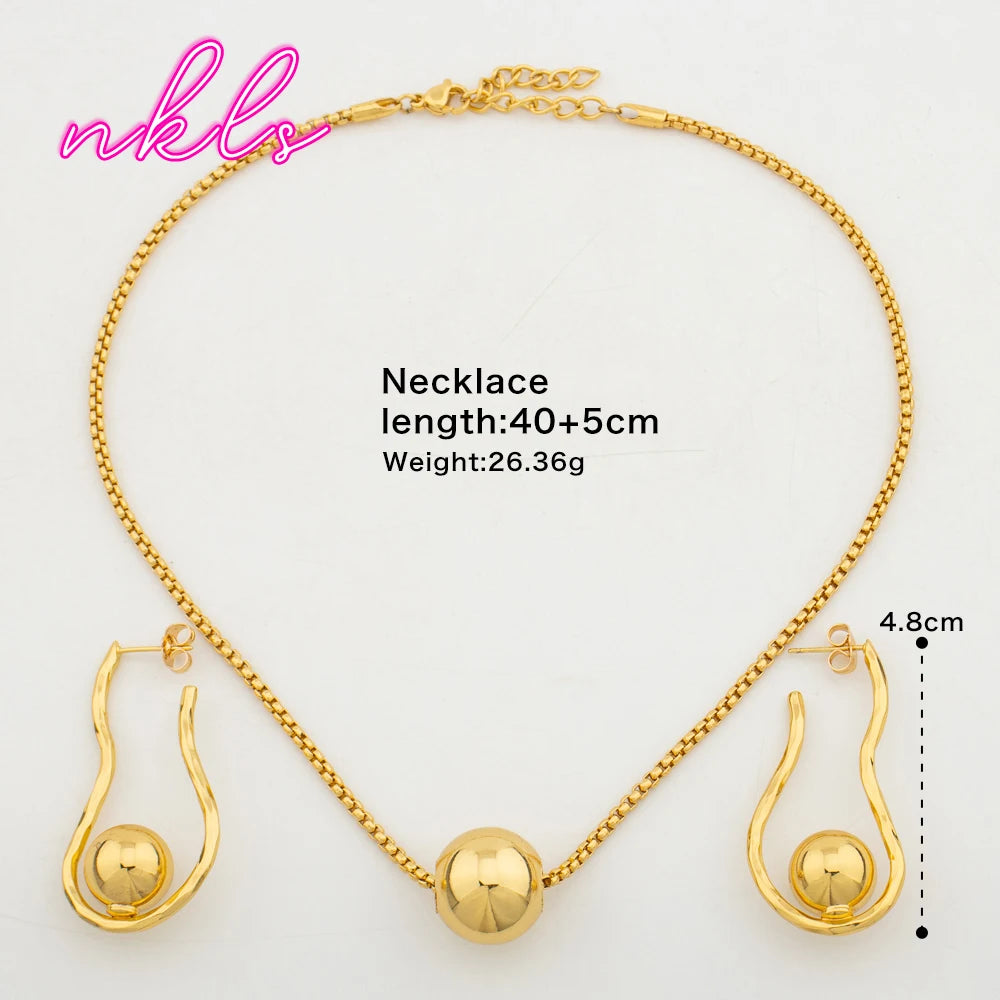 Trendy Round Bead Jewelry For Women Gold Color Necklace Fashion Pendant Clip Earrings Banquet Jewelry Set Daily Wear Accessories