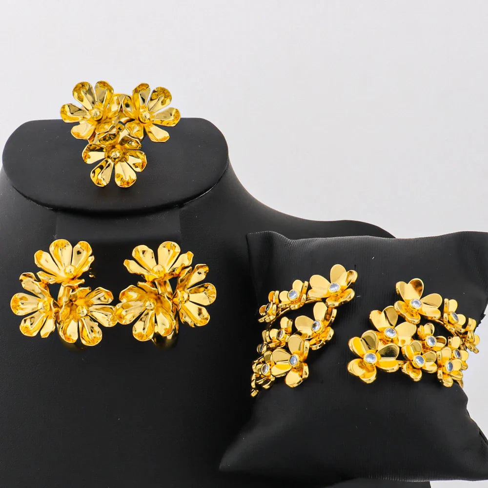 2025 Romantic Gold Color Floral Jewelry Set for Women 3Pc Earrings Bracelet Ring Mother's Day Women's Day Gift Party Accessories