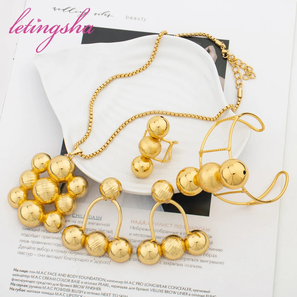 Fashion Gold Color Jewelry Set for Women Dubai Luxury Necklace Earrings Geometry Bangle Rings Set Trendy Party Gift Jewellery