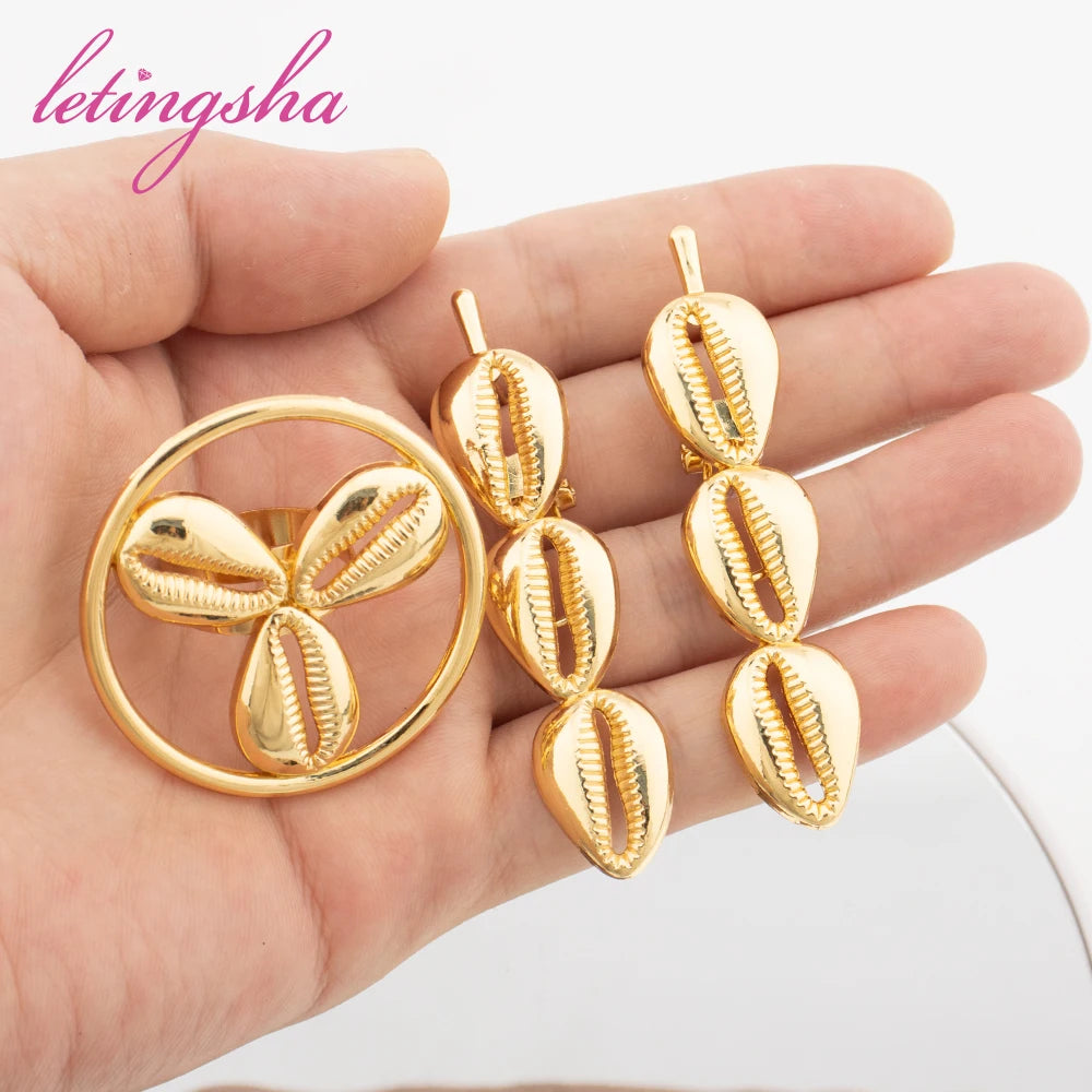 New Earrings and Ring Jewelry Set African Gold Plated for Women Design Earrings and Finger Ring Set for Brazilian Jewelry Gift