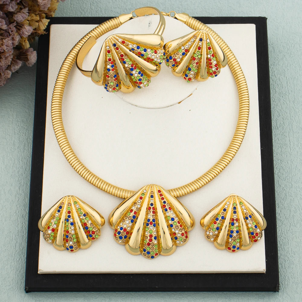 Nigerian Woman Jewelry Set Shell Design Fashion Luxury Necklace Micro Inlaid Crystal Earrings Gold Plated Charm Bracelet Ring
