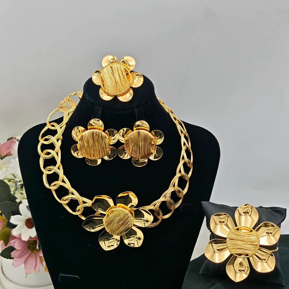 New Charming Flower Shape Women Jewelery Set Luxury Gold Color Earrings Necklace Bangle Ring For Wedding Accessories Party