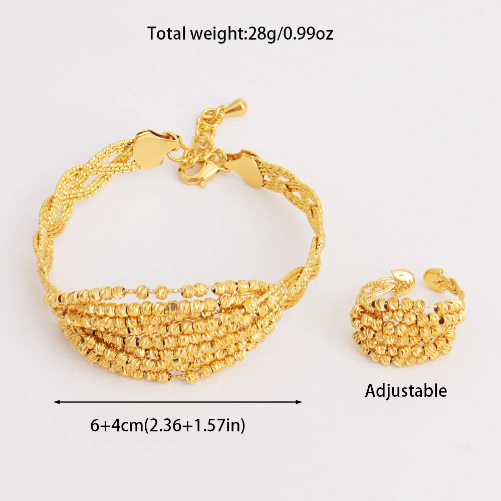 Vintage Gold Color Middle East Women Jewelry Set Ethiopia Multi Layer And Multi Bead Design Bangle And Ring Wedding Easter Gift