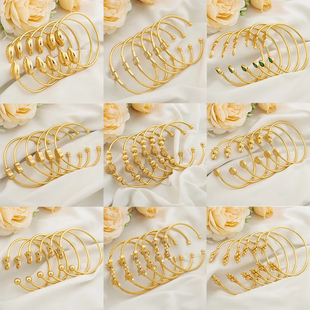 6 Pcs Set Cuff Bangles for Ladies Luxury Gold Color Charm Bracelet Set Dubai Women Wedding Party Jewelry Gifts