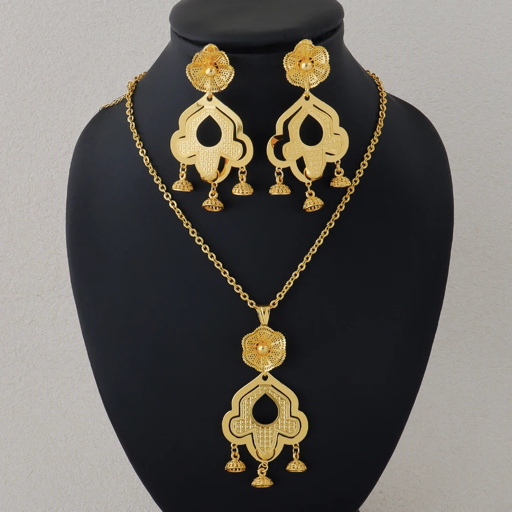 Fashion Arabic Necklace Earrings Women Wedding Dress Luxurious Floral Hollow Algerian Jewelry Set Party