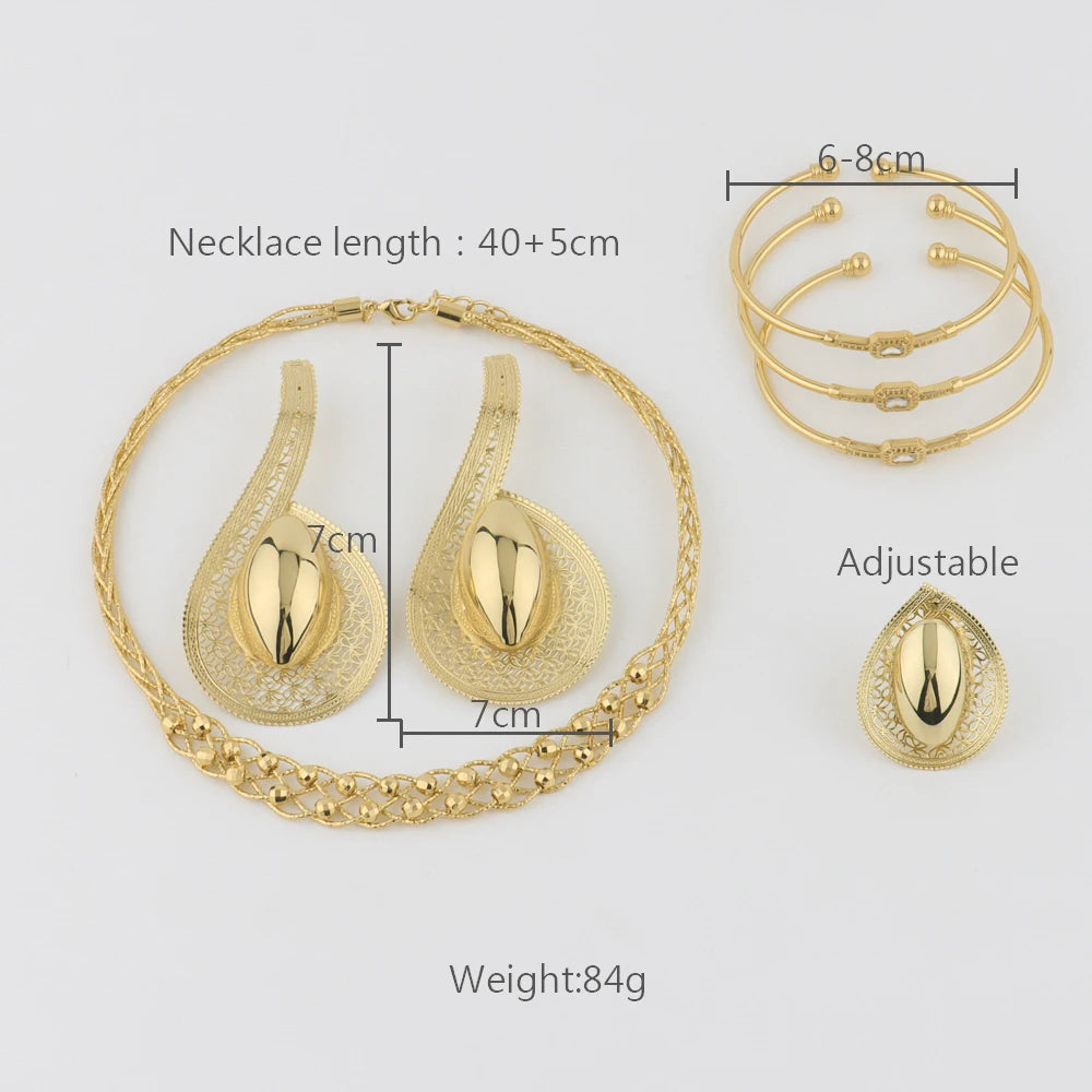 2025 African Women Gold Color Hollow out Jewelry Sets Charming Earrings Necklace Ring and Bangle Set Gift For Party Valentine