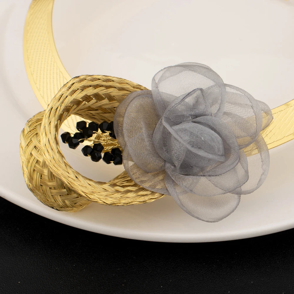 Fashion Gold Plated Grey Flower Shape Necklace Earrings Bracelet Ring for Women Sepical Design Jewelry Set for  Party Wedding