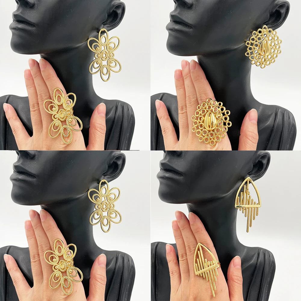 4Set Gold Color Jewelry for Women Girls Elegant Golden Clip Earrings Ring Geometric Jewelry Fashion Party Engrave Hollow Earring