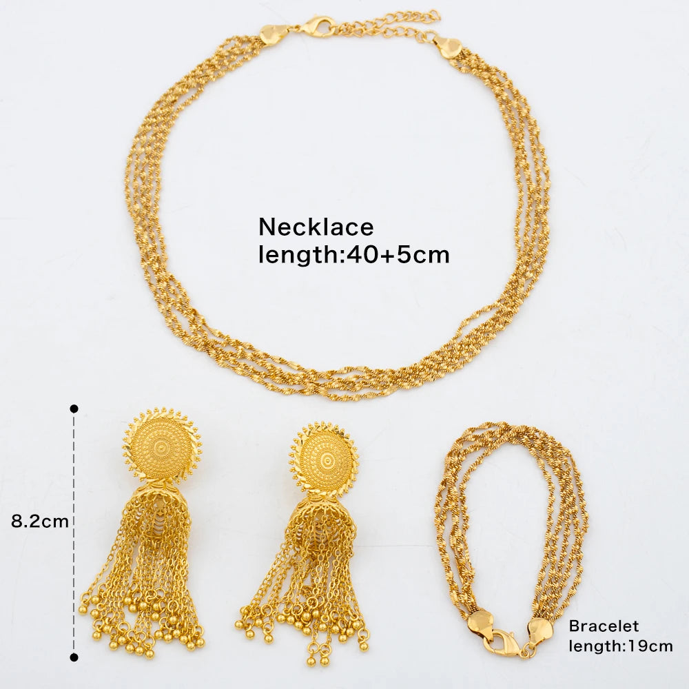 New Fashion Earrings Necklace Chain Set Dubai Classic Trendy Women Daily Wear Luxury Lady Italian African Gold Color Jewelry Set